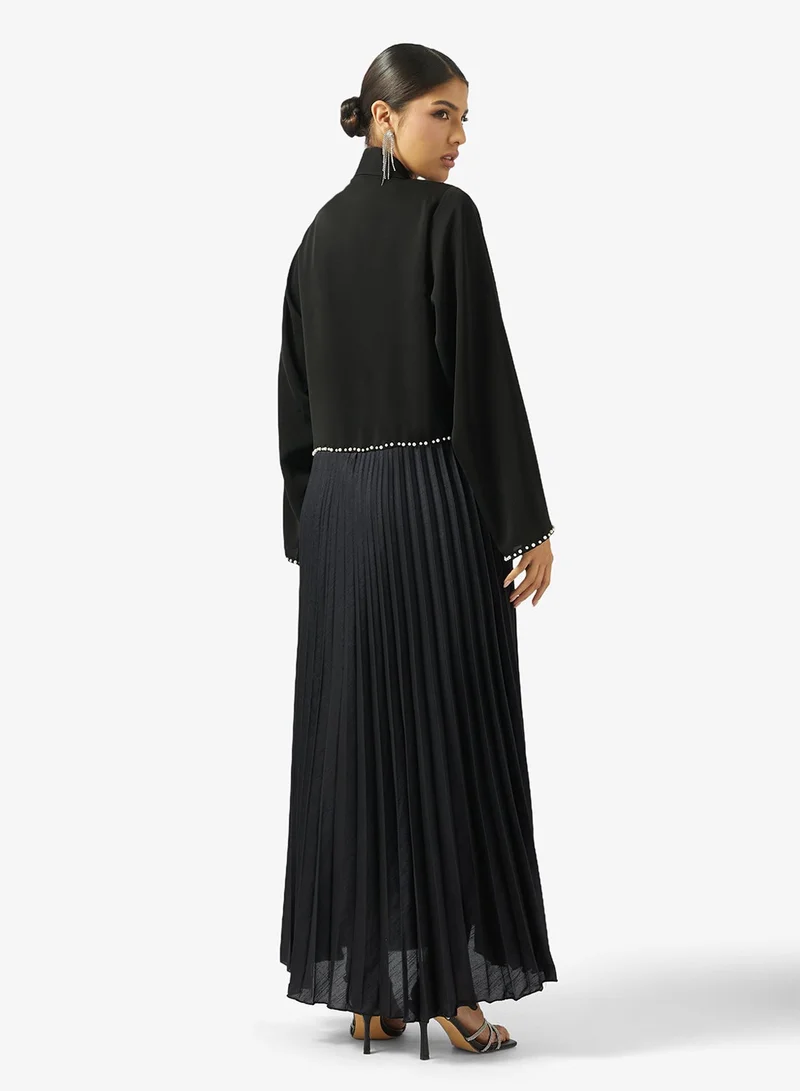hayas closet  Black Pleat Details Abaya With Sheila for Women | Best Price UAE